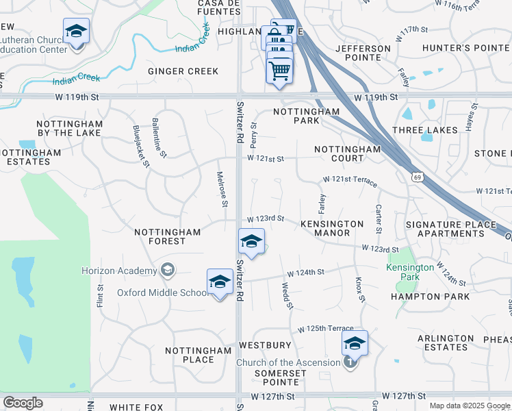 map of restaurants, bars, coffee shops, grocery stores, and more near 12217 Perry Street in Overland Park