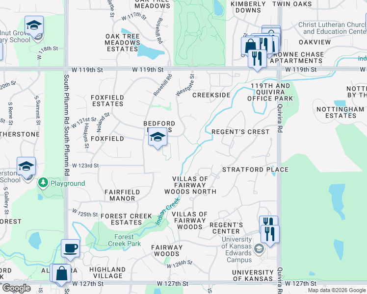 map of restaurants, bars, coffee shops, grocery stores, and more near 12221 Westgate Street in Overland Park