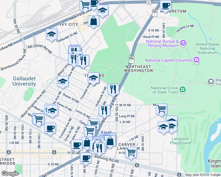 map of restaurants, bars, coffee shops, grocery stores, and more near 101 Independence Avenue Southeast in Washington