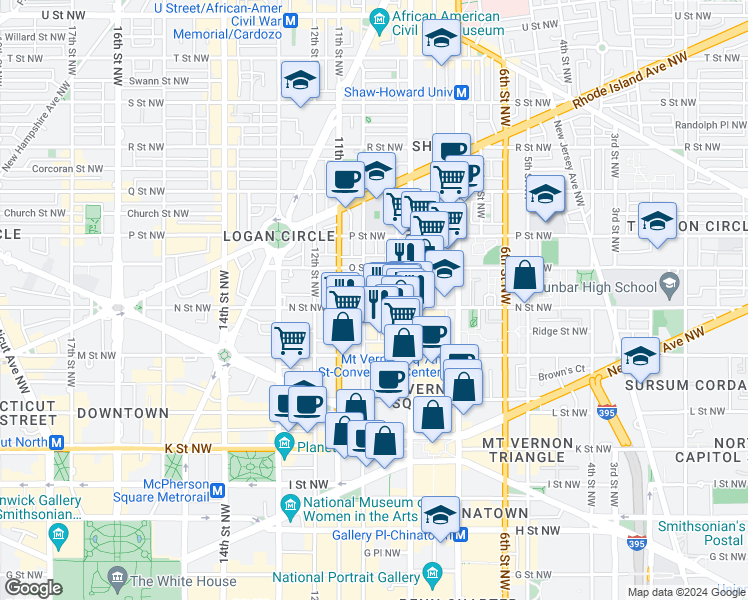 map of restaurants, bars, coffee shops, grocery stores, and more near 937 N Street Northwest in Washington