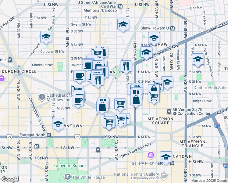 map of restaurants, bars, coffee shops, grocery stores, and more near 1300 13th Street Northwest in Washington