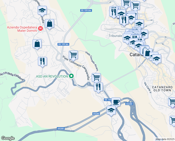 map of restaurants, bars, coffee shops, grocery stores, and more near 8b Viale Tommaso Campanella in Catanzaro