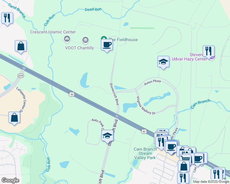 map of restaurants, bars, coffee shops, grocery stores, and more near 14720 Avion Parkway in Chantilly