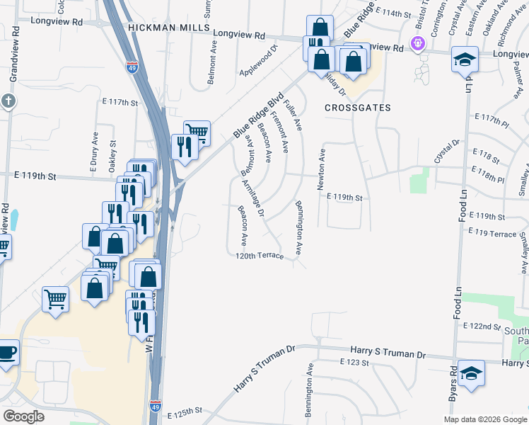 map of restaurants, bars, coffee shops, grocery stores, and more near 11918 Armitage Drive in Grandview