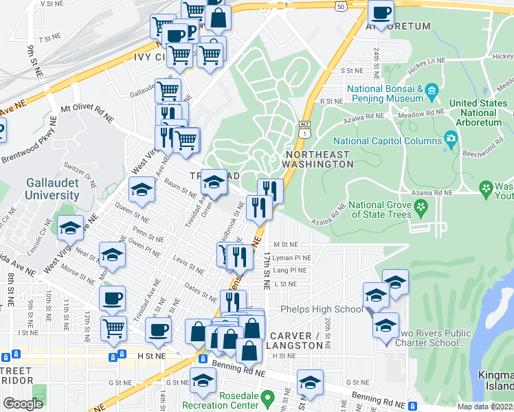 map of restaurants, bars, coffee shops, grocery stores, and more near 1600 16th St NE in Washington