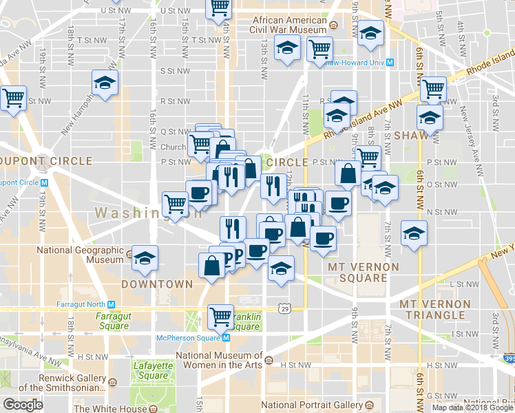 map of restaurants, bars, coffee shops, grocery stores, and more near 101 Independence Avenue Southeast in Washington