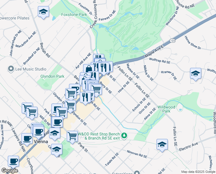 map of restaurants, bars, coffee shops, grocery stores, and more near 122 Berry Street Southeast in Vienna