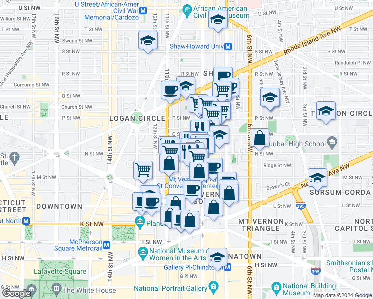 map of restaurants, bars, coffee shops, grocery stores, and more near 933 N Street Northwest in Washington