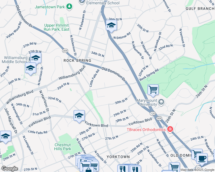 map of restaurants, bars, coffee shops, grocery stores, and more near 4909 Rock Spring Road in Arlington