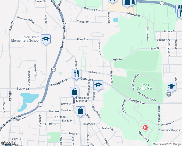 map of restaurants, bars, coffee shops, grocery stores, and more near 1020 College Avenue in Alton