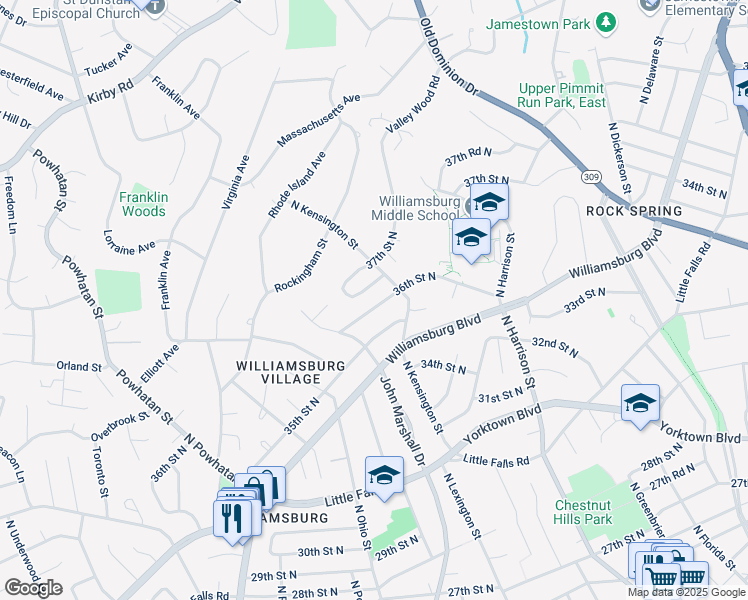 map of restaurants, bars, coffee shops, grocery stores, and more near 5507 36th Street North in Arlington
