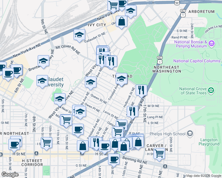 map of restaurants, bars, coffee shops, grocery stores, and more near 101 Independence Avenue Southeast in Washington