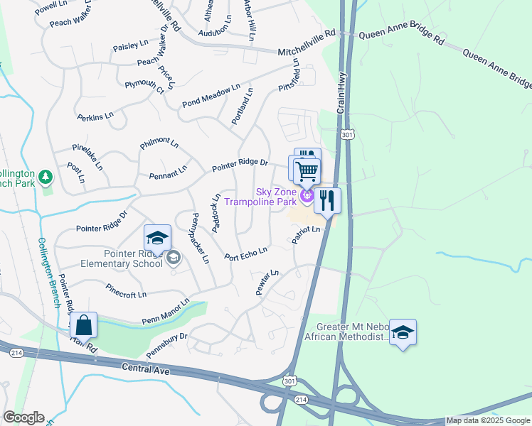 map of restaurants, bars, coffee shops, grocery stores, and more near 1228 Port Echo Lane in Bowie
