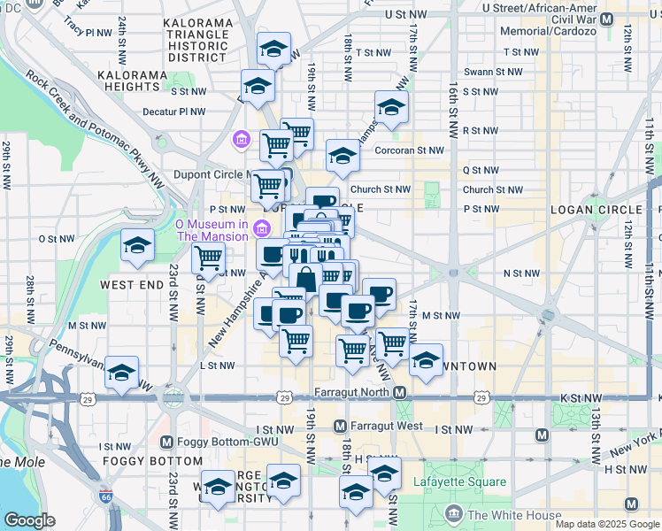 map of restaurants, bars, coffee shops, grocery stores, and more near 1300 Connecticut Avenue Northwest in Washington
