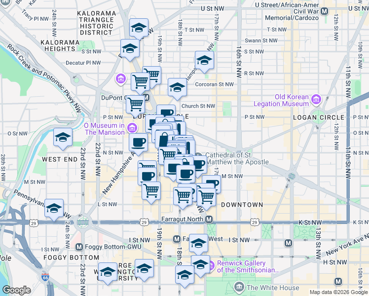 map of restaurants, bars, coffee shops, grocery stores, and more near 1771 N Street Northwest in Washington