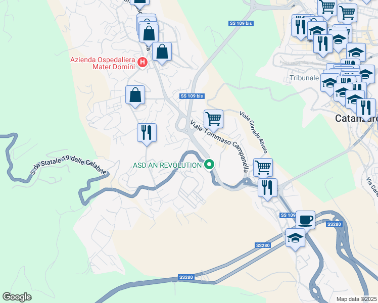 map of restaurants, bars, coffee shops, grocery stores, and more near Traversa Barlaam da Seminara in Catanzaro