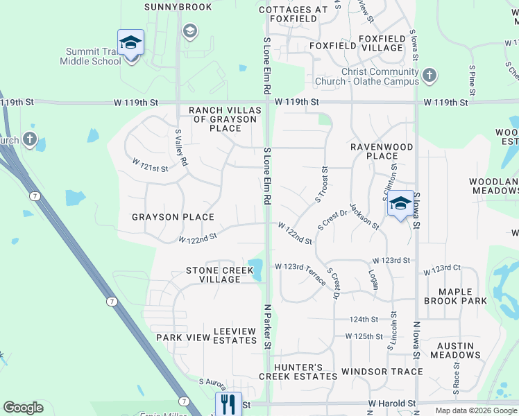 map of restaurants, bars, coffee shops, grocery stores, and more near 12165 South Tallgrass Drive in Olathe
