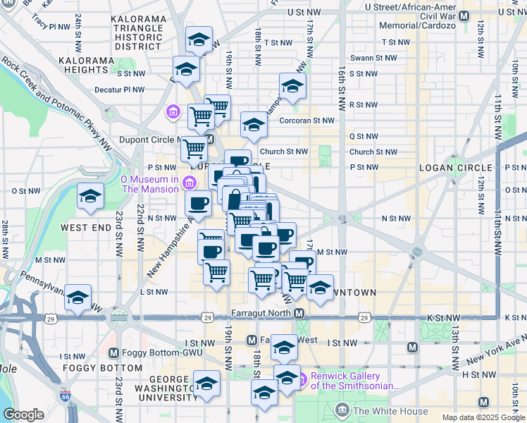 map of restaurants, bars, coffee shops, grocery stores, and more near 1771 N Street Northwest in Washington