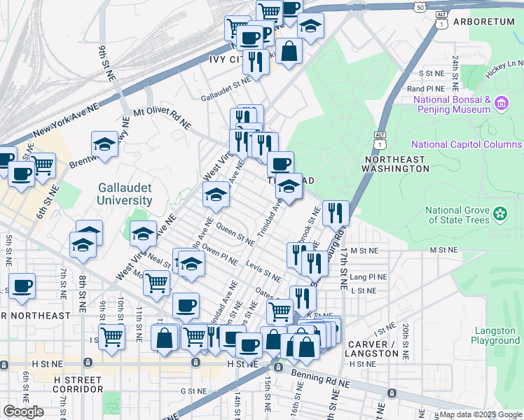 map of restaurants, bars, coffee shops, grocery stores, and more near 1270 Meigs Place Northeast in Washington