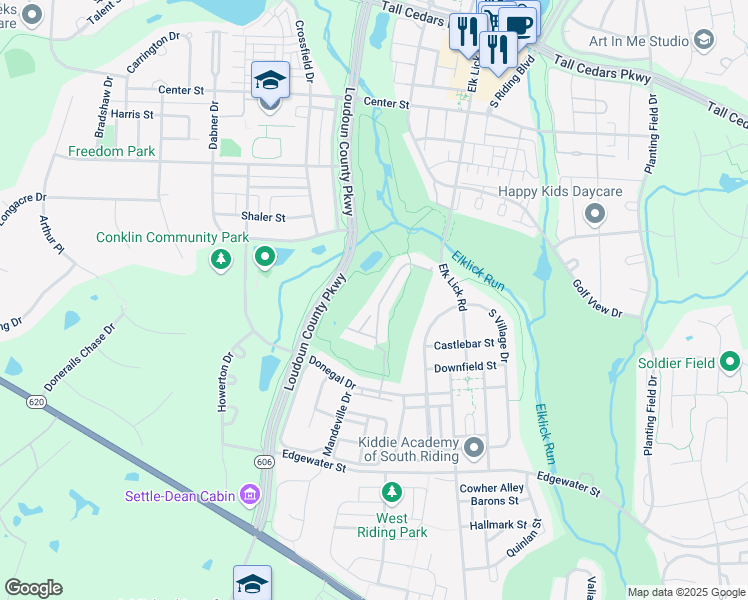 map of restaurants, bars, coffee shops, grocery stores, and more near 25623 Creek Run Terrace in South Riding