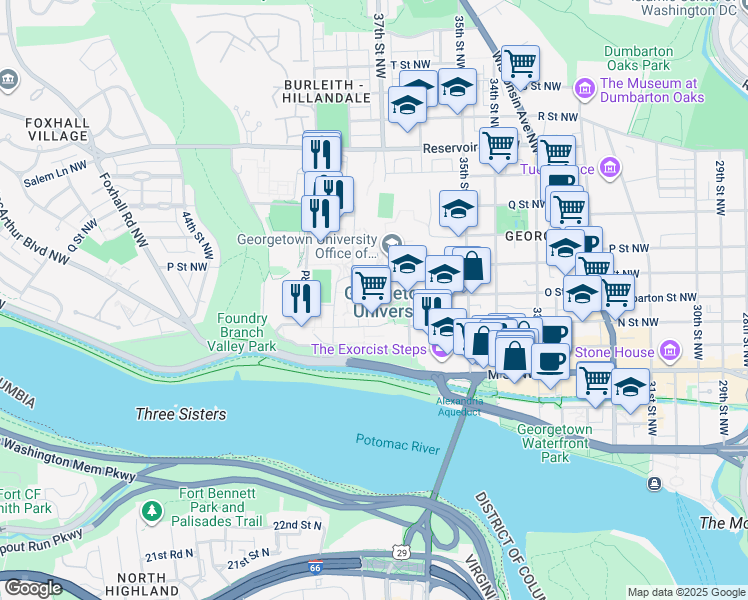 map of restaurants, bars, coffee shops, grocery stores, and more near 3700 O Street Northwest in Washington