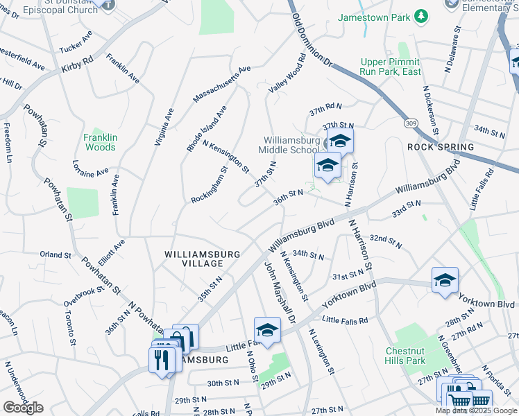 map of restaurants, bars, coffee shops, grocery stores, and more near 5507 36th Street North in Arlington