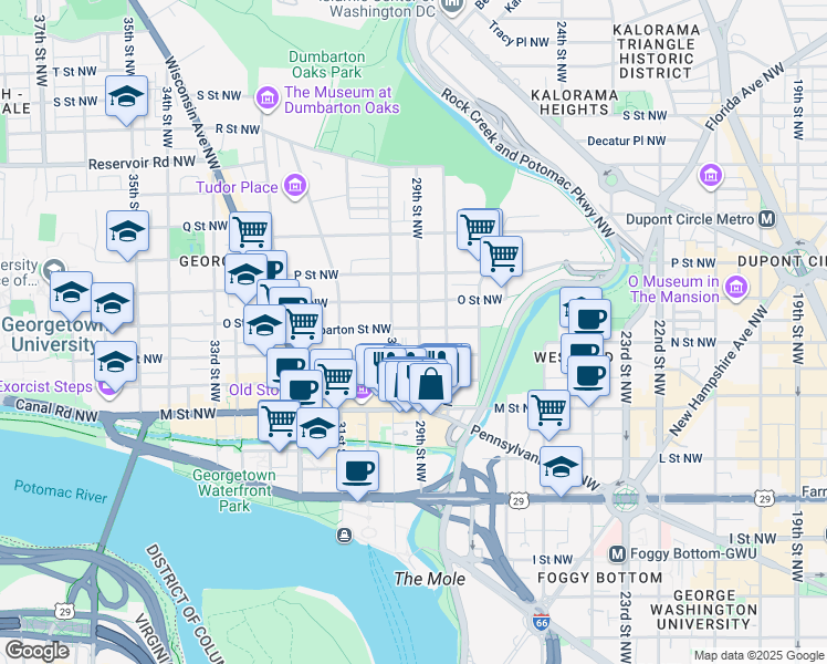 map of restaurants, bars, coffee shops, grocery stores, and more near 2900 Dumbarton Street Northwest in Washington
