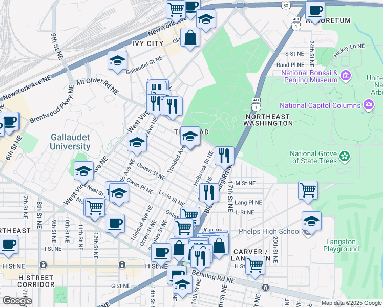 map of restaurants, bars, coffee shops, grocery stores, and more near 1701 Holbrook Street Northeast in Washington