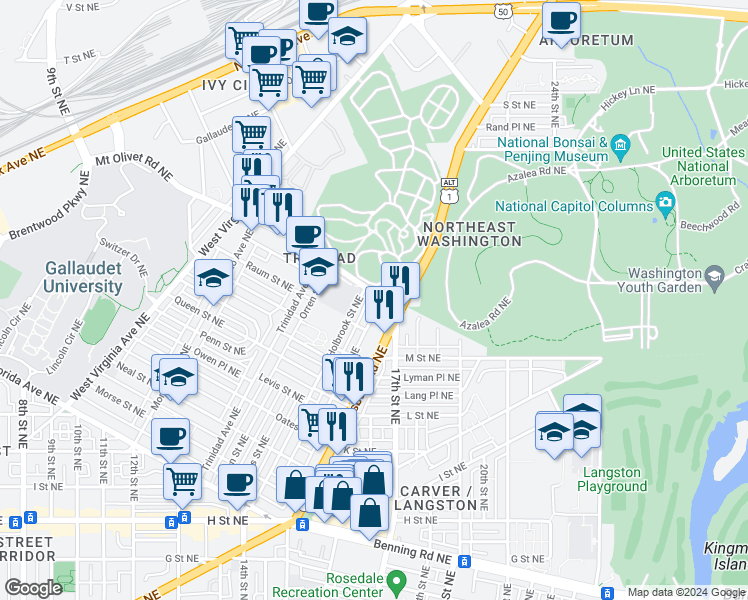 map of restaurants, bars, coffee shops, grocery stores, and more near 101 Independence Avenue Southeast in Washington