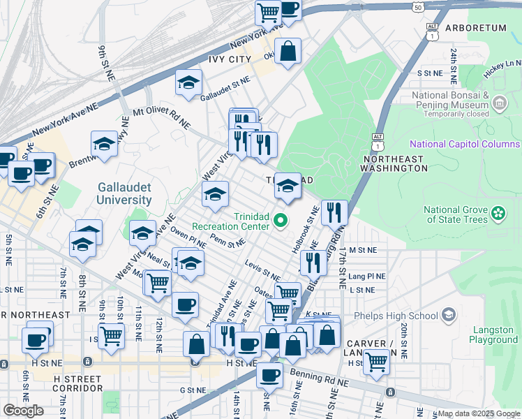 map of restaurants, bars, coffee shops, grocery stores, and more near 1270 Meigs Place Northeast in Washington
