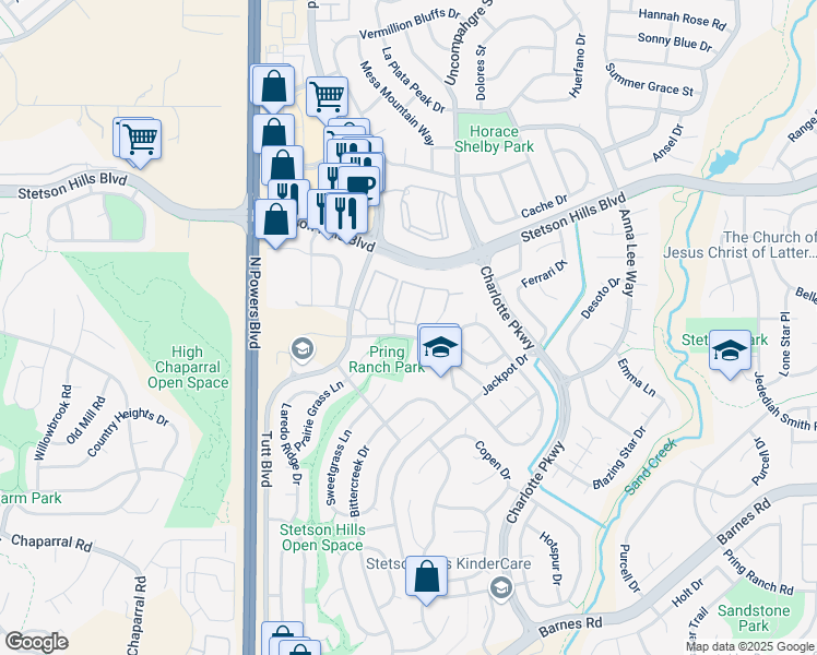 map of restaurants, bars, coffee shops, grocery stores, and more near 6118 Romley Point in Colorado Springs