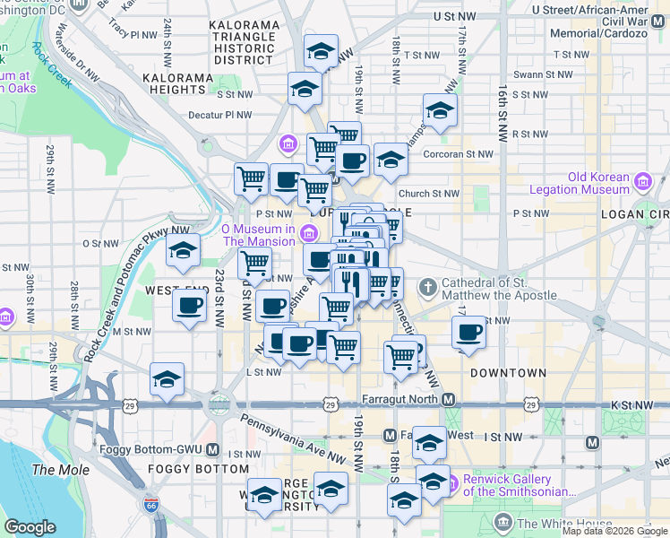 map of restaurants, bars, coffee shops, grocery stores, and more near 1301 20th Street Northwest in Washington