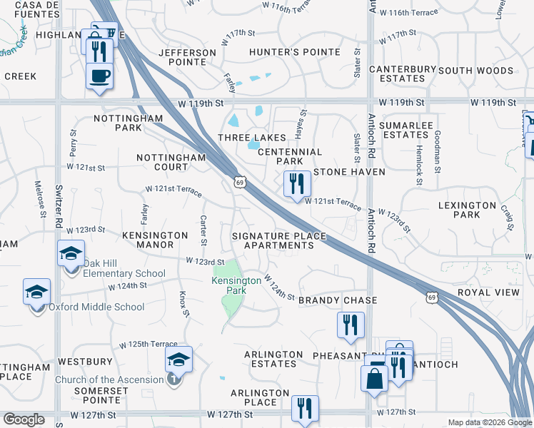 map of restaurants, bars, coffee shops, grocery stores, and more near 9165 West 121st Place in Overland Park