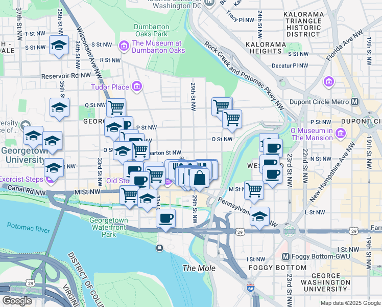 map of restaurants, bars, coffee shops, grocery stores, and more near 2900 Dumbarton Street Northwest in Washington