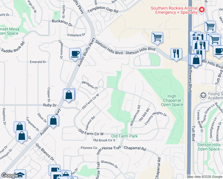 map of restaurants, bars, coffee shops, grocery stores, and more near 5170 Windgate Court in Colorado Springs
