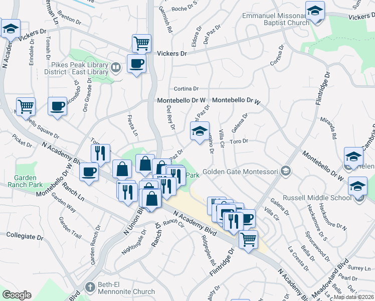 map of restaurants, bars, coffee shops, grocery stores, and more near 5275 Del Paz Drive in Colorado Springs