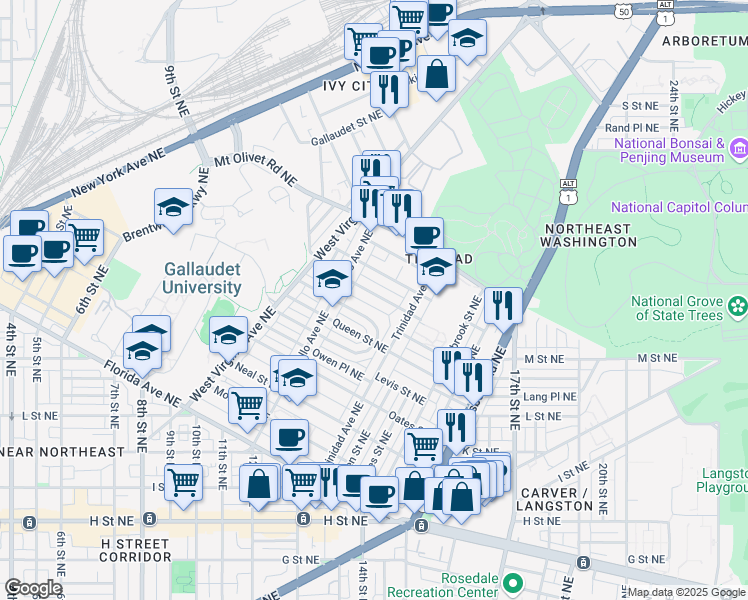 map of restaurants, bars, coffee shops, grocery stores, and more near 101 Independence Avenue Southeast in Washington