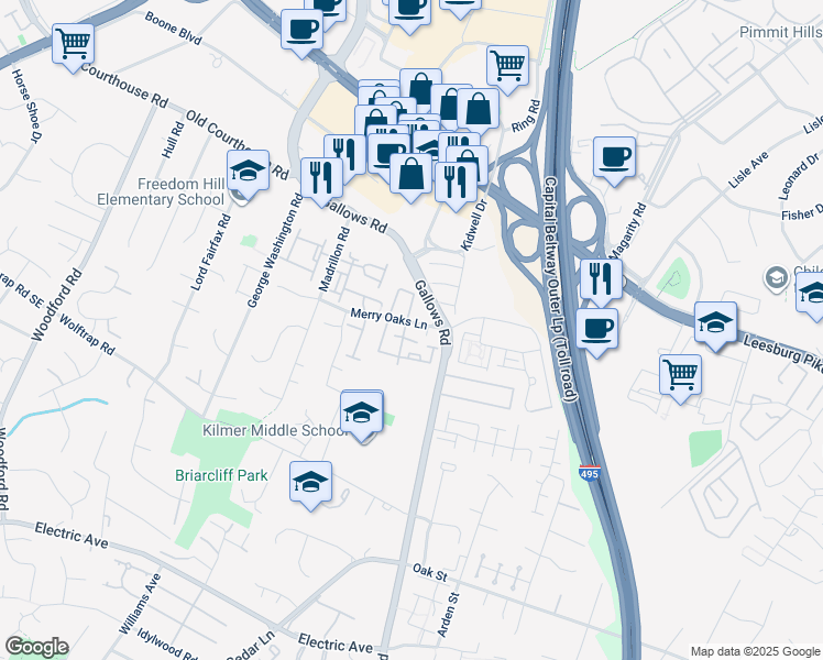 map of restaurants, bars, coffee shops, grocery stores, and more near 8015 Merry Oaks Lane in Vienna