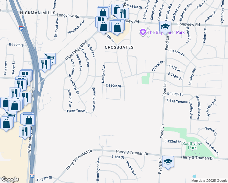 map of restaurants, bars, coffee shops, grocery stores, and more near 6731 East 119th Street in Grandview