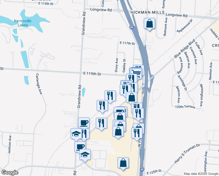map of restaurants, bars, coffee shops, grocery stores, and more near 1227 E Martha Truman Rd in Grandview