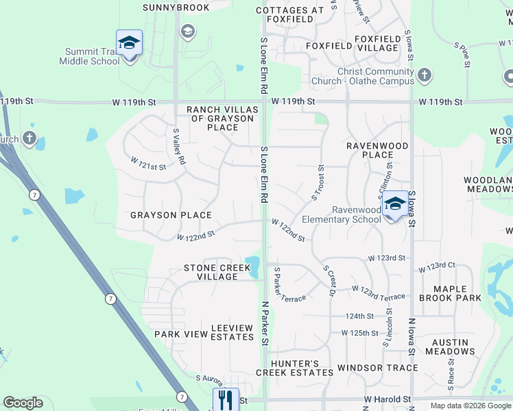 map of restaurants, bars, coffee shops, grocery stores, and more near 21490 West 122nd Street in Olathe