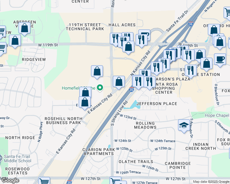 map of restaurants, bars, coffee shops, grocery stores, and more near 1205 North Kansas City Road in Olathe