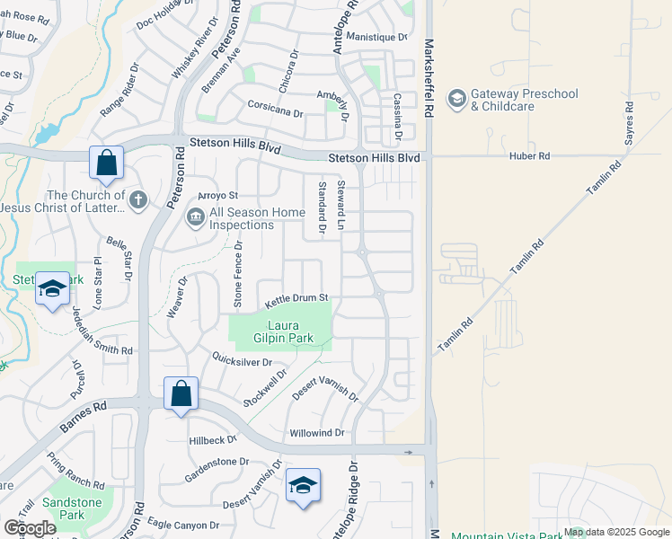 map of restaurants, bars, coffee shops, grocery stores, and more near 7667 Steward Lane in Colorado Springs