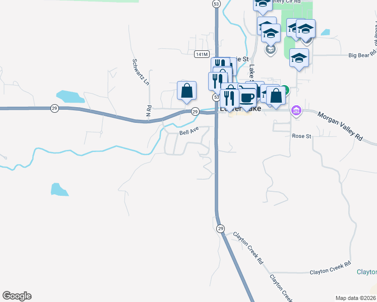 map of restaurants, bars, coffee shops, grocery stores, and more near 10164 Bell Avenue in Lower Lake