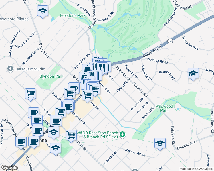 map of restaurants, bars, coffee shops, grocery stores, and more near 122 Berry Street Southeast in Vienna