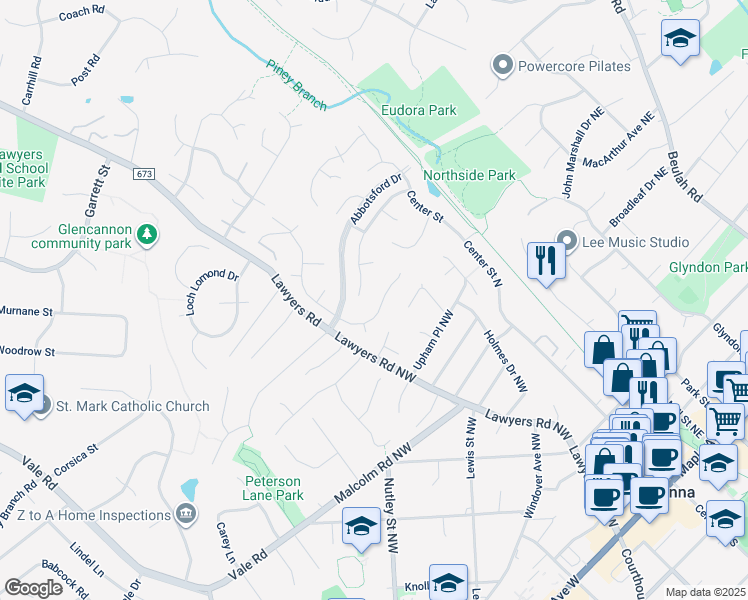 map of restaurants, bars, coffee shops, grocery stores, and more near 9614 Counsellor Drive in Vienna