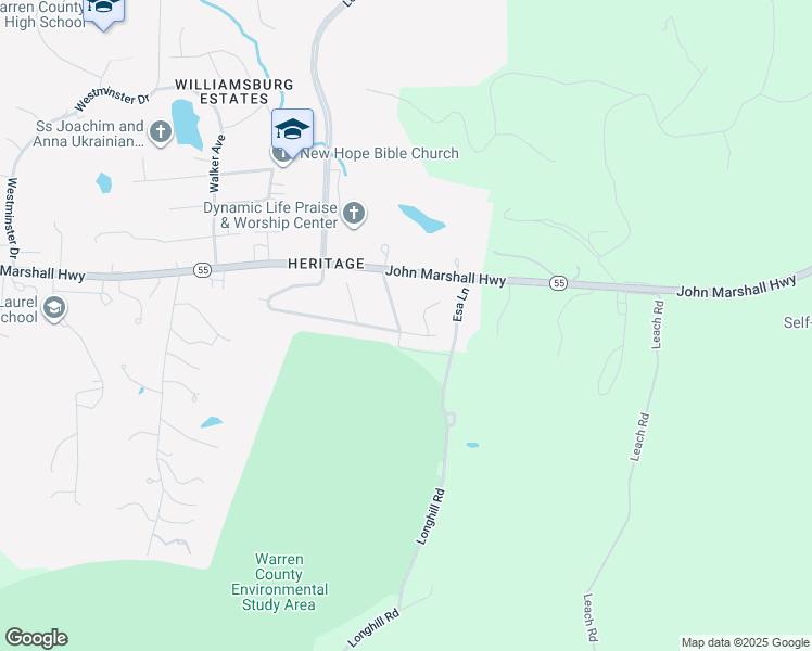 map of restaurants, bars, coffee shops, grocery stores, and more near 46 Colonial Drive in Front Royal