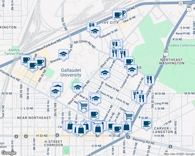 map of restaurants, bars, coffee shops, grocery stores, and more near 1106 Queen Street Northeast in Washington