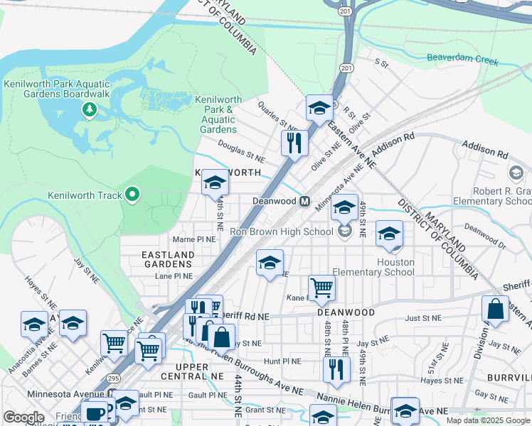 map of restaurants, bars, coffee shops, grocery stores, and more near 1325 Kenilworth Avenue Northeast in Washington