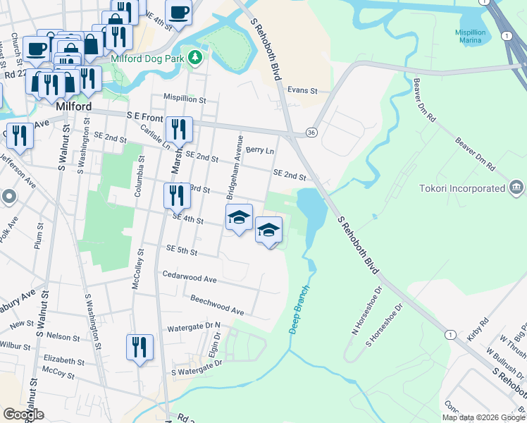 map of restaurants, bars, coffee shops, grocery stores, and more near 1000 Lemuel Street in Milford
